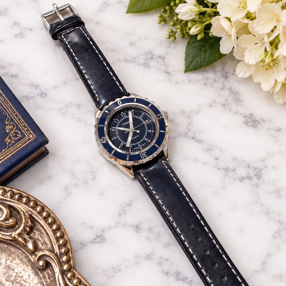 Bijoux Terner Women’s Quartz Watch Silver Tone Navy Blue Bezel Dial Leather